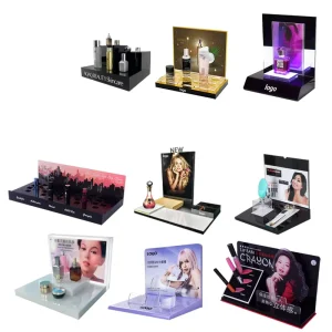 Luxury Clear Acrylic Skincare Display Stand Custom Desktop Cosmetic Perfume Organizer for Retail Store Mall Countertop