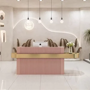 Luxury Hair Salon Wooden Small Pink Checkout Counter Modern Shop Gold Front Desk Design Office Reception Counter with Back Wall