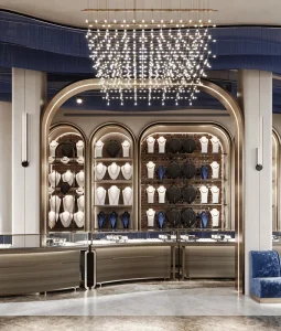 Luxury Jewelry Store Display Fixtures with Custom Cabinets Counters and Shelves for Boutique Design Projects