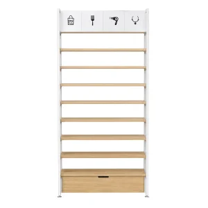 Luxury Retail Display Shelving Unit Wood Grain Back Panel Shop Display Fixture With Sign Board