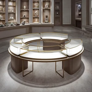 Luxury Round Shape Jewelry Display Showcase Elegant Curved Glass Cabinet for Store Fixtures