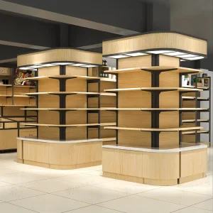 Luxury Wood Grain Supermarket Island Gondola Shelving Retail Display Rack with Light Box