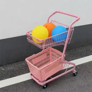 Manufacturer Pink Metal 2-Tier Shopping Trolley Cart With Plastic Basket for Supermarket and Stores