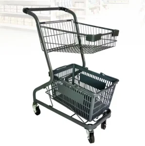Manufacturer Supermarket Rolling 2-tier Shopping Trolley Cart with Plastic Basket
