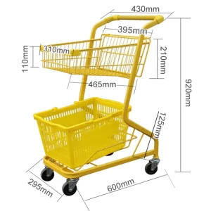 Manufacturer Yellow Color Supermarket Cart Metallic Trolley Cart Retail 2-tier Shopping Cart