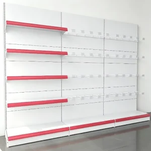 Matte Red Eco Friendly Double Sided Shelves Adjustable Supermarket Gondola Shelving Easy Snap In Installation