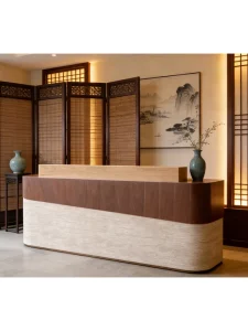 Medieval style MDF Movable Curved Reception Desk for Women’s Clothing Storefront Checkout Counter