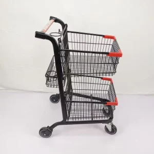 Metal Black Three Baskets 80L Double-layer Supermarket Shopping Trolley with 4 Wheels