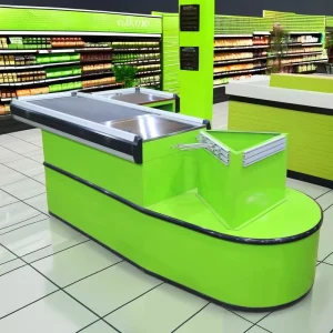 Metal Checkout Counter Cashier Cash Desk With Conveyor Belt Electric Cash Register With Conveyor Belt