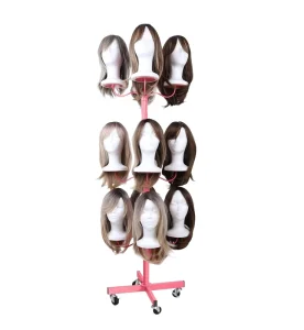 Metal Floor Type Adjustable Wig Stand 3 Tier Wig Rack Rotating Display Stand for Mannequin Pink Hair Display Stand