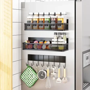 Metal Spice Rack Magnetic Wall Mount Floating Refrigerators Storage Shelves 3 Pack Black Storage Organizer for Kitchen Supplies
