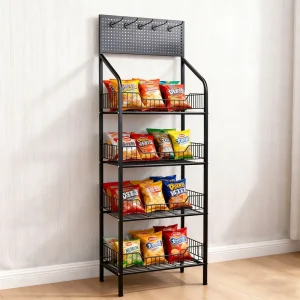 Metal Supermarket Multi purpose Shelving 4 Tier Freestanding Display Rack Custom Snack Storage Rack with Pegboard