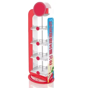 Metal Wood Floor Standing Beverage Display Rack Four Tier Multi Side Showcase for Drinks Retail Store Promotion