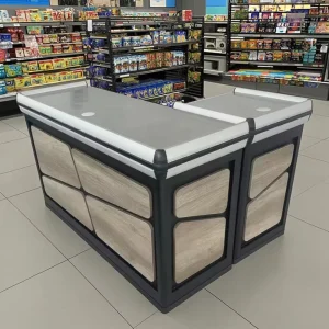 Metallic Cashier Desk for Convenience Store and Supermarket Checkout Counter with Quick Installation and Freestanding Design