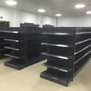 Metallic Heavy Duty Dark Gray Double-Sided Solid Back Flat Panel Freestanding Supermarket Display Stand Grocery Shelves Gondola