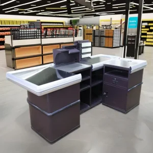 Metallic Modern Counter Design Retail Cash Register Desk Grocery Cashier Counter for Supermarket