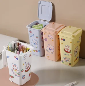 Mini Waste Bin Pen Holder Trash Can Desktop Trash Organizer Plastic Cute Pen Holder with Wheels