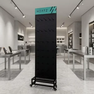 Mobile Pegboard Display Stand With Hooks Rolling Retail Merchandising Rack With Sign Holder