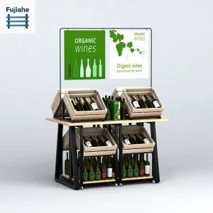 Mobile Produce Display Stand with 8 Wooden Crates Steel Wood Grocery Rack Veg Fruit Rack for Supermarket Wooden Crate Display