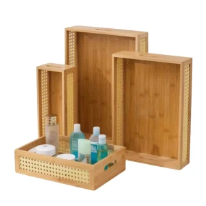 Modern Bamboo Woven Storage Baskets Rectangle Organizer Bins with Side Grids Multifunctional for Snacks Toys Cosmetics