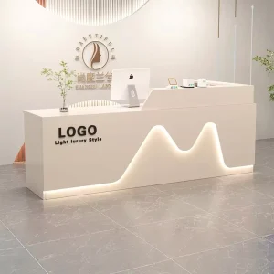 Modern Custom Reception Desk for Beauty Salon Spa Gym White Curved Wooden Design LED Lighting Heavy Duty Eco Friendly Solid Back