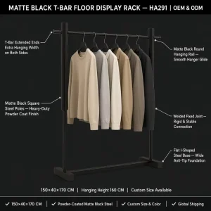 Modern Customized Black Iron Painted Freestanding Display Rack Easy Assembly for Corrosion Protection Garment