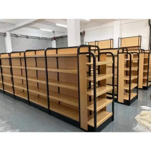 Modern Customized Light Duty Powder Coated Corrosion Protection Wooden Supermarket Convenience Store Shelving Rack