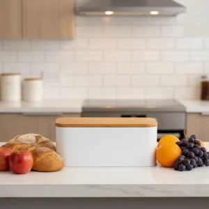 Modern Design Kitchen Bread Bin Food Grade Metal Bread Storage Container with Bamboo Cutting Board