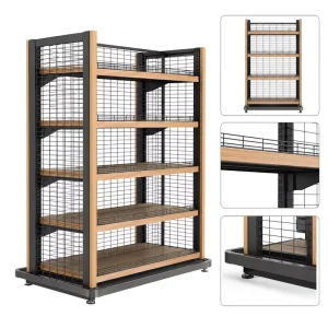 Modern Double Sided Supermarket Gondola Shelving Retail Display Rack with Wooden Finish and Wire Mesh Back Panel