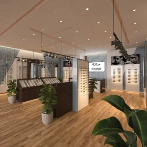 Modern Eyewear Store Display Fixtures with Custom Counters and Showcase Cabinets for Optician Shop Design