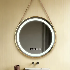 Modern Glass Bathroom Makeup Mirror Touch Switch Smart HD LED Defogging Home use Wall mounted Premium Leather Strap Light Luxury