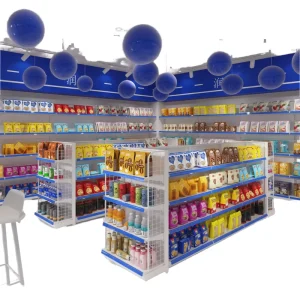 Modern Grocery Gondola Display Supermarket Rack Metal Double-Sided Light Duty Adjustable Freestanding Shelves