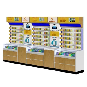 Modern High End Mobile Phone Store Wall Cabinets LED Inline Phone Cases Store Cabinets Checkout Counters for Sale