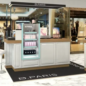 Modern High Gloss Mall Kiosk with Wood Countertop Illuminated Shelf Display Counter for Perfume Cosmetic Beauty Retail Shop