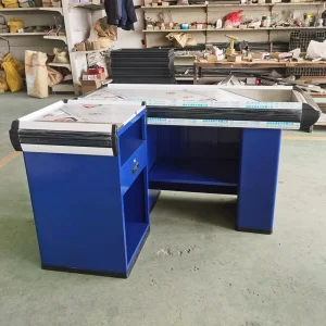 Modern L-Shaped Supermarket Checkout Counter Stainless Steel Top Retail Cashier Desk Cash Wrap Heavy Duty Store Fixture