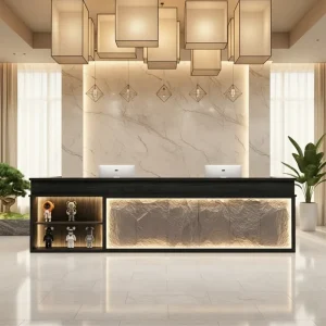Modern LED Light Wood Reception Desk for Restaurant Health Club for Cashier Counter Bathroom Foot Bath Shop Front Desk Use