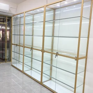 Modern Large Gold Jewelry Display Showcase LED Light Waterproof Lockable Floor Standing Glass Shelf for Store
