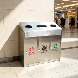 Modern Large Triple Compartment Stainless Steel Indoor Trash Can 3 Stream Recycling Station for Commercial Mall and Office Decor