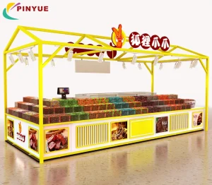 Modern Mall Food Kiosk Design Metal LED Custom Logo Waterproof Storage Product Display Box for Dried Meat Snacks