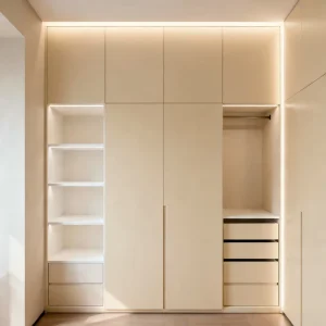 Modern Minimalist Cream Beige Handleless Wardrobe Melamine Finish Custom Bedroom Closet Cabinetry RLY-005