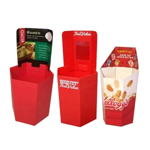 Modern Portable Hexagon Dump Bin Display Stand Cardboard Eco-Friendly Glossy Lamination Foldable Freestanding for Supermarket