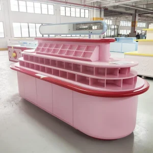 Modern Pre Assembled Indoor Use Supermarket Cosmetic Display Cabinet Custom Wooden Retail Decor Pink Boutique Fixtures