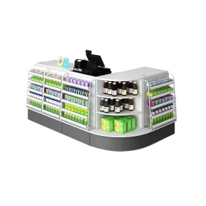 Modern Style Factory Direct Sale Wooden Check Stand Cashier Counters with Display Shelves Supermarket Register Cashier Tables