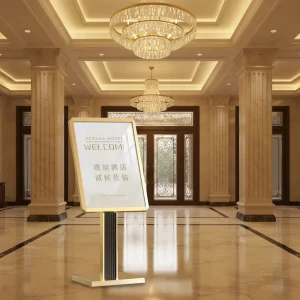 Modern Style Vertical Metal Polished for Water Display Rack Hotel Lobby Sign Directional Floor Stand Welcome Sign