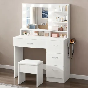 Modern White Dressing Table and Makeup Vanity Set with Hollywood LED Lighted Mirror and 4 Storage Drawers for Bedroom