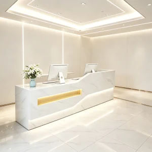 Modern White Marble Effect Reception Counter with Floating LED Base and Gold Accent