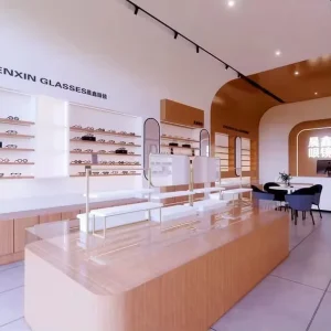 Modern Wooden Eyewear Display Shelves with LED Lighting