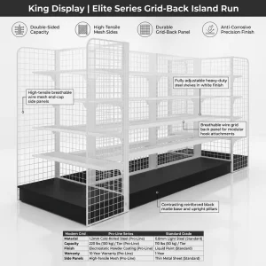 Modular Double Sided Metal Supermarket Shelves Grid Back Gondola Shelving Heavy Duty Black Base Retail Display Rack Quick
