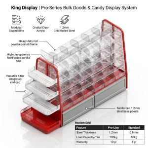 Modular Double Sided Supermarket Bulk Goods Candy Display Shelves Metallic Bins Quick Installation Integrated End Cap