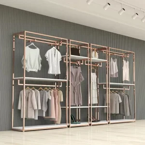 Modular Gold Stainless Steel Clothing Display Rack Custom Retail Boutique Lady Dress Shop Wall Garment Display Fixture